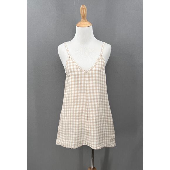 notPERFECTLINEN Dresses & Skirts - NOTPERFECTLINEN Linen Tunic Mini Dress Womens XS White Tan Gingham Check Strappy